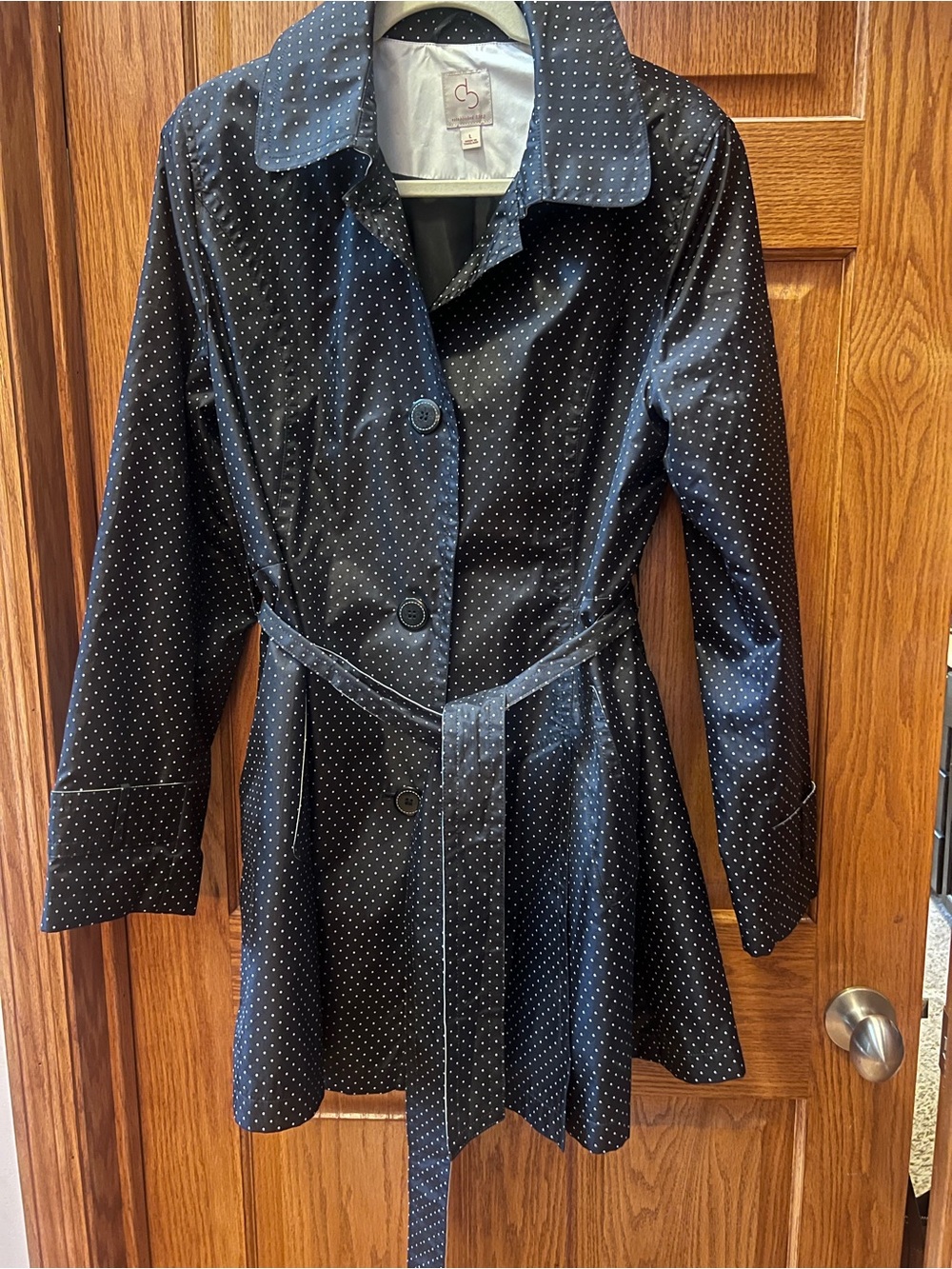 Chico's Black Polka Dot rain Trench Coat with Belted Waist